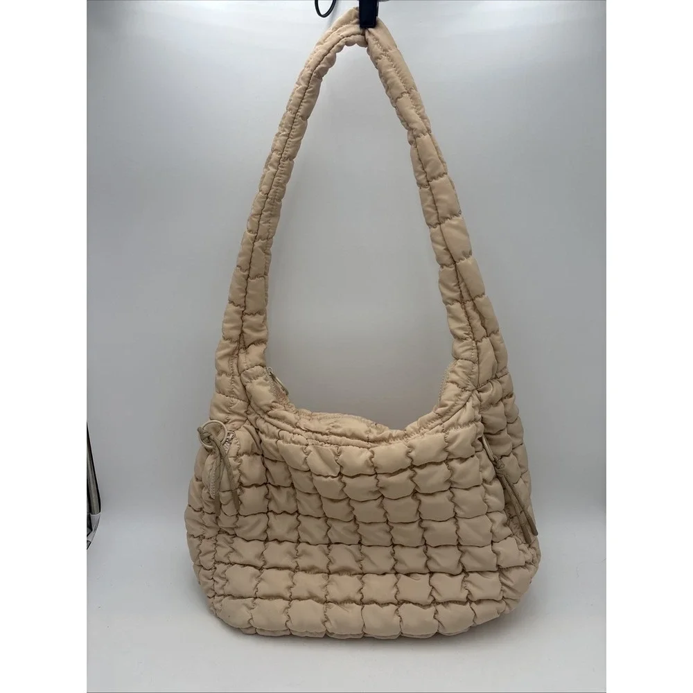 Urban Expressions Leda Quilted Square Nylon‎ Puffer Hobo Bag Purse Natural